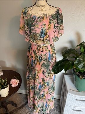 Steps Pink Tropical Floral Pleated Maxi Dress Size S Off Shoulder Boho